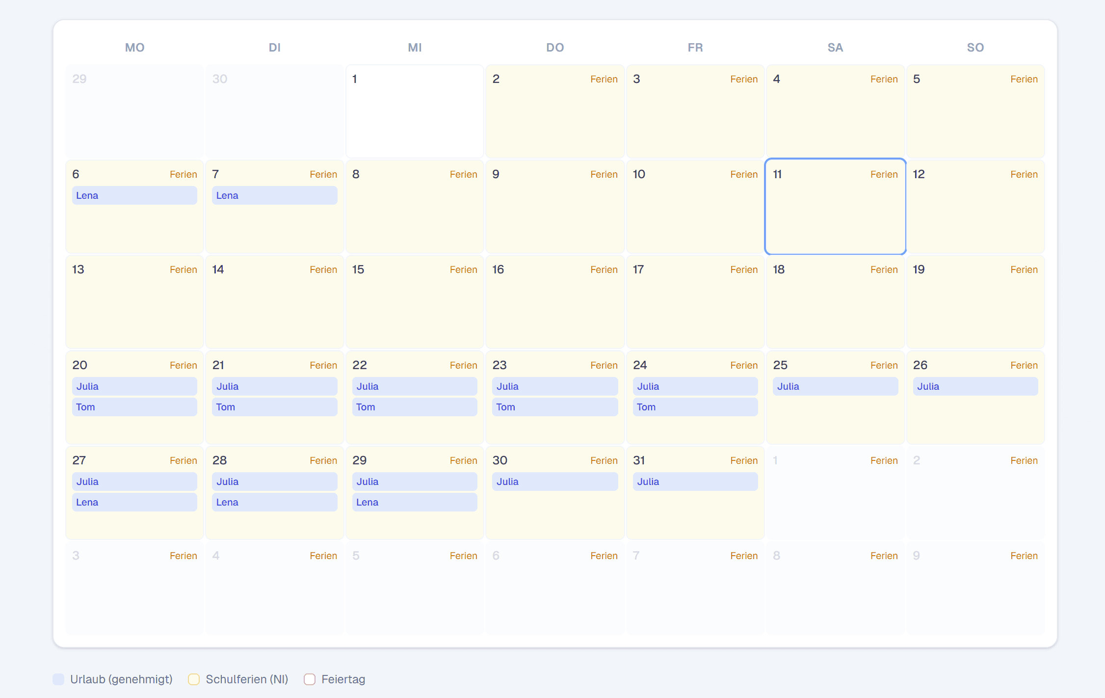Team-Kalender mit Schulferien, Feiertagen und Urlauben